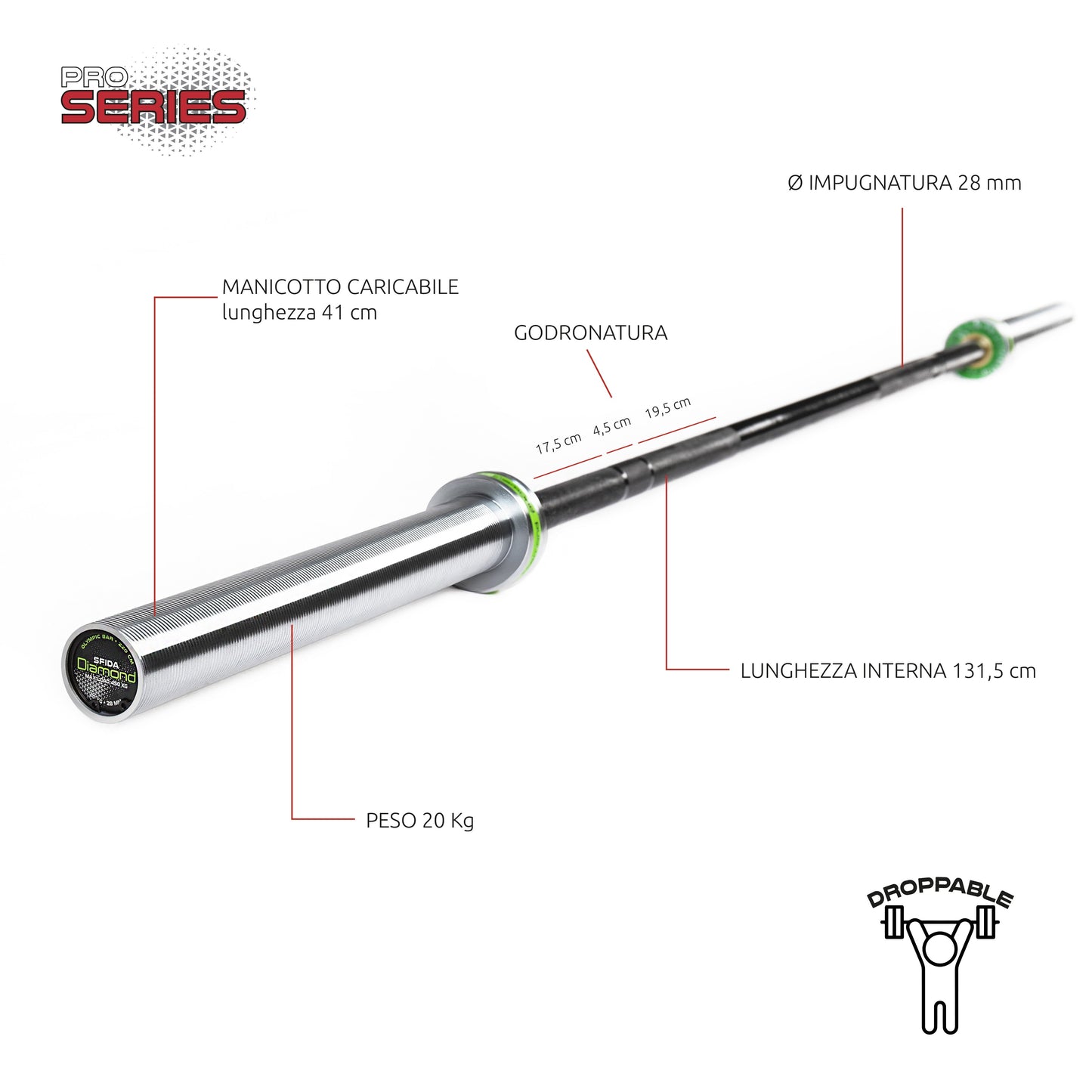 Bilanciere olimpico Sfida 220 cm - Carico max 450 Kg -  50 mm Diamond Professional