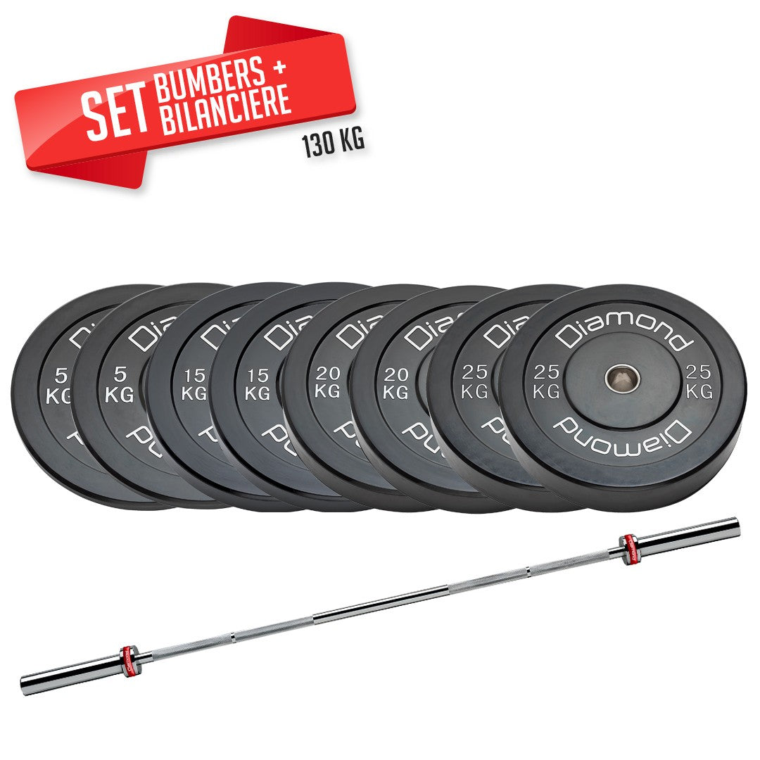 Set 130 kg Dischi bumper Diamond Professional foro 50 mm + bilanciere 220 cm olimpico